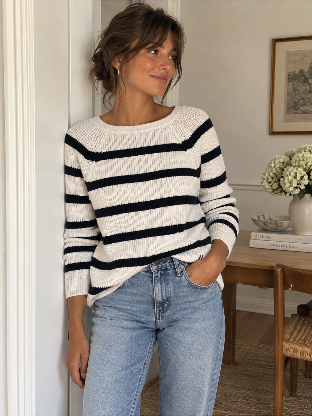 Tommy Hilfiger Y2K Navy & Cream Breton Stripe Classic Preppy Cotton Sweater L